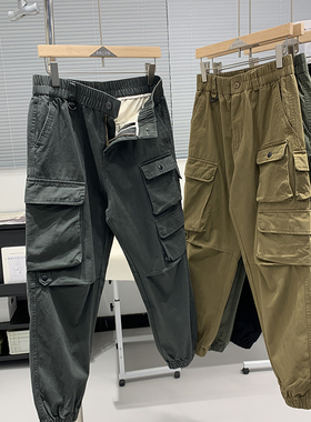 重磅美式 100%棉复古水洗多口袋工装收口休闲裤男 军绿色收口裤潮
