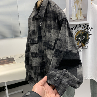 设计感 春天小外套 日系复古不规则格子宽松休闲长袖衬衫男衬衣
