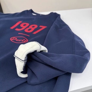 非常厚实 重磅珊瑚绒 1987 复古 圆领休闲藏青色卫衣男女套头衫潮