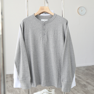 美式复古亨利领水洗长袖T恤男潮