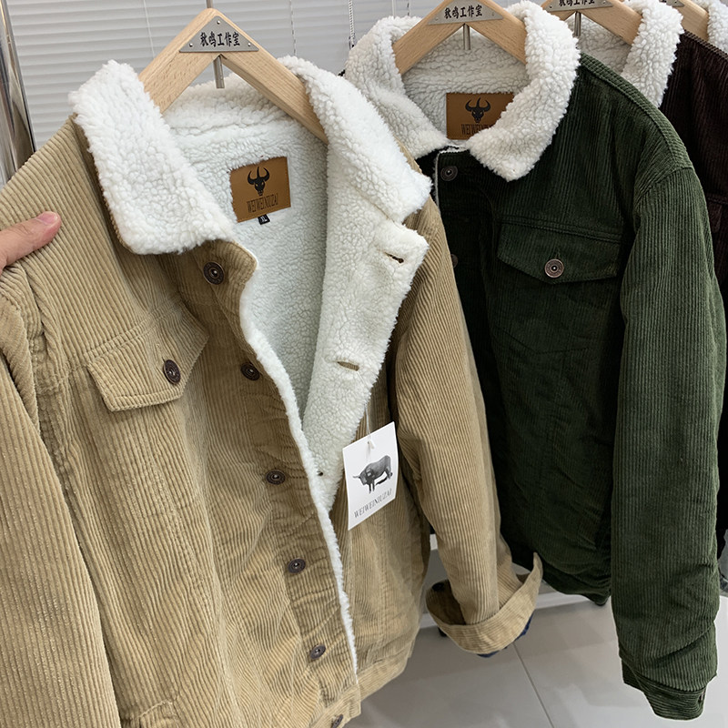 美式复古灯芯绒 重磅羊羔毛 冬季加厚保暖仿羊羔毛外套男女棉衣潮