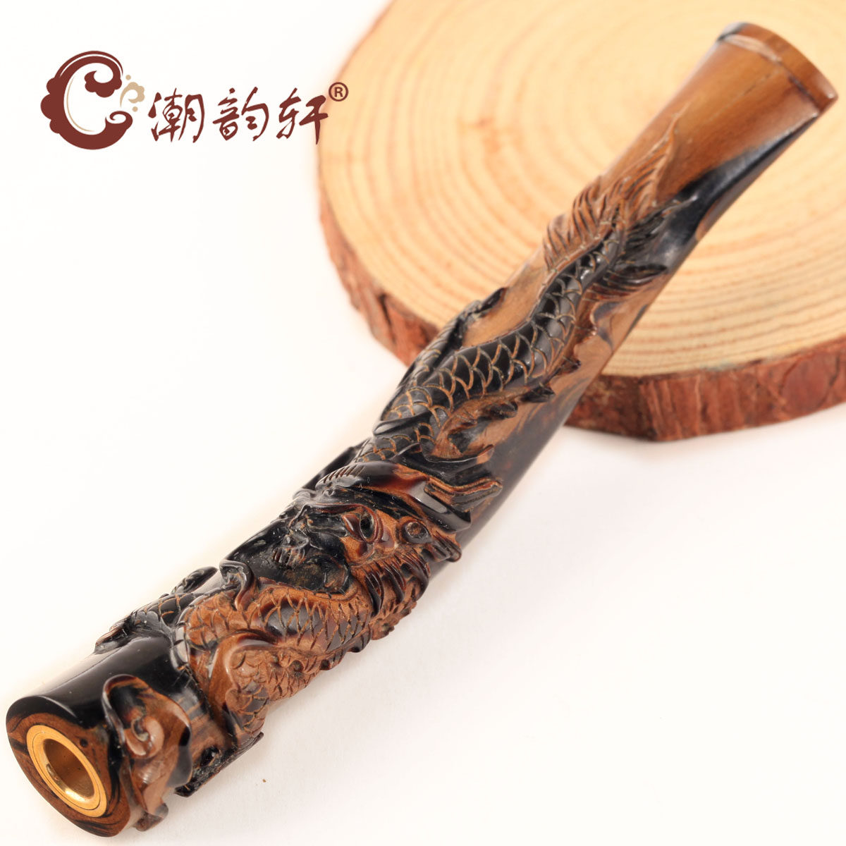 潮韵轩海柳烟嘴血柳手工雕刻瑞龙呈祥过滤烟嘴商务送礼bx681518
