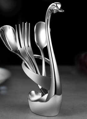 英国PolyLon 创意天鹅底座餐具欧式不锈钢水果叉子勺子套装咖啡勺