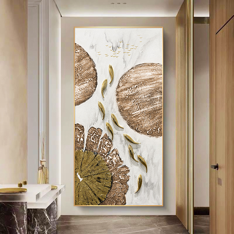 手绘油画现代轻奢玄关装饰画抽象九鱼图高档立体走廊过道挂画竖版图片
