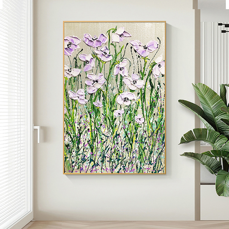 手绘油画抽象现代简约紫色花卉立体玄关装饰画客厅背景墙落地挂画图片