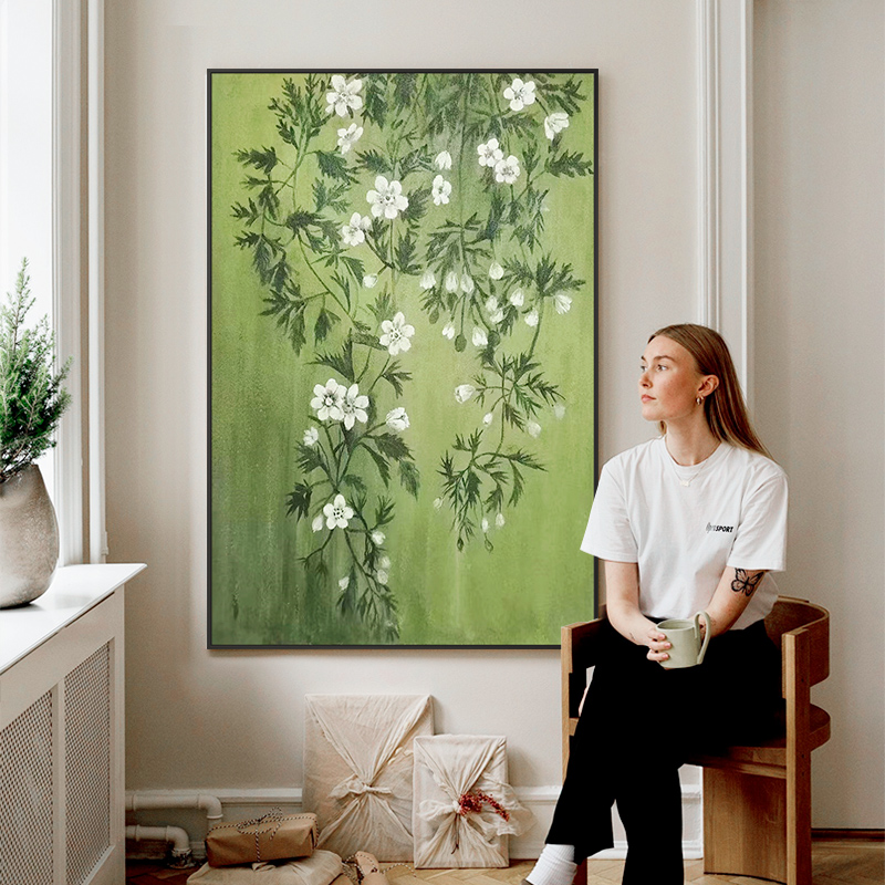 手绘绿色调花卉油画装饰画立体肌理画客厅背景落地画抽象玄关挂画图片