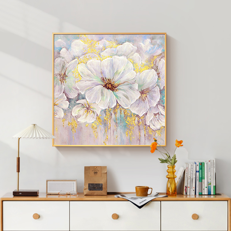 纯手绘牡丹花卉油画现代轻奢金箔抽象餐厅装饰画饭厅客厅玄关挂画图片