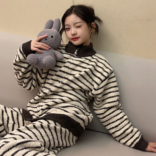 新款 145 150cm矮小个子女睡衣秋冬珊瑚绒简约条纹家居服加绒冬季