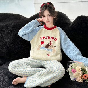 小码睡衣女秋冬款小个子150珊瑚绒圆领长袖xs家居服半边绒可外穿