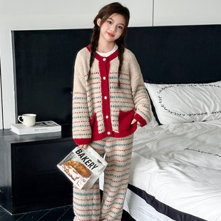 150cm 家居服秋冬可外穿145 加厚睡衣女小个子冬季 简约半边绒长袖