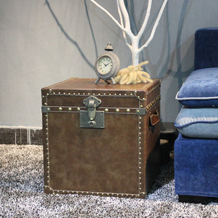 复古储物箱高档棕色皮箱客厅边几箱美式茶几收纳箱装饰道具木箱子