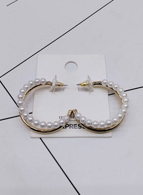 K181夸张质感时尚潮流气质名媛街拍几何黄铜珍珠创意金属耳环-女
