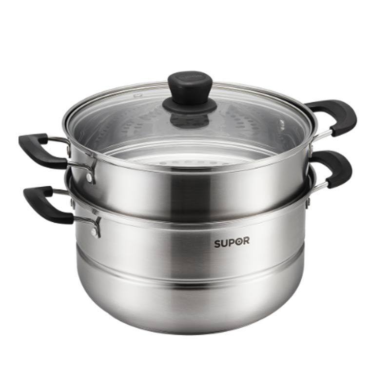 苏泊尔蒸锅不锈钢蒸锅汤锅蒸笼双层可视玻璃盖直径26cm口径明火用