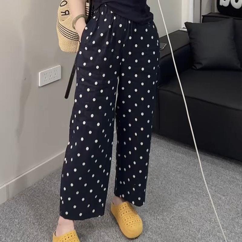 大码松紧腰波点九分直筒休闲裤女2025夏季薄款宽松显瘦遮胯阔腿裤