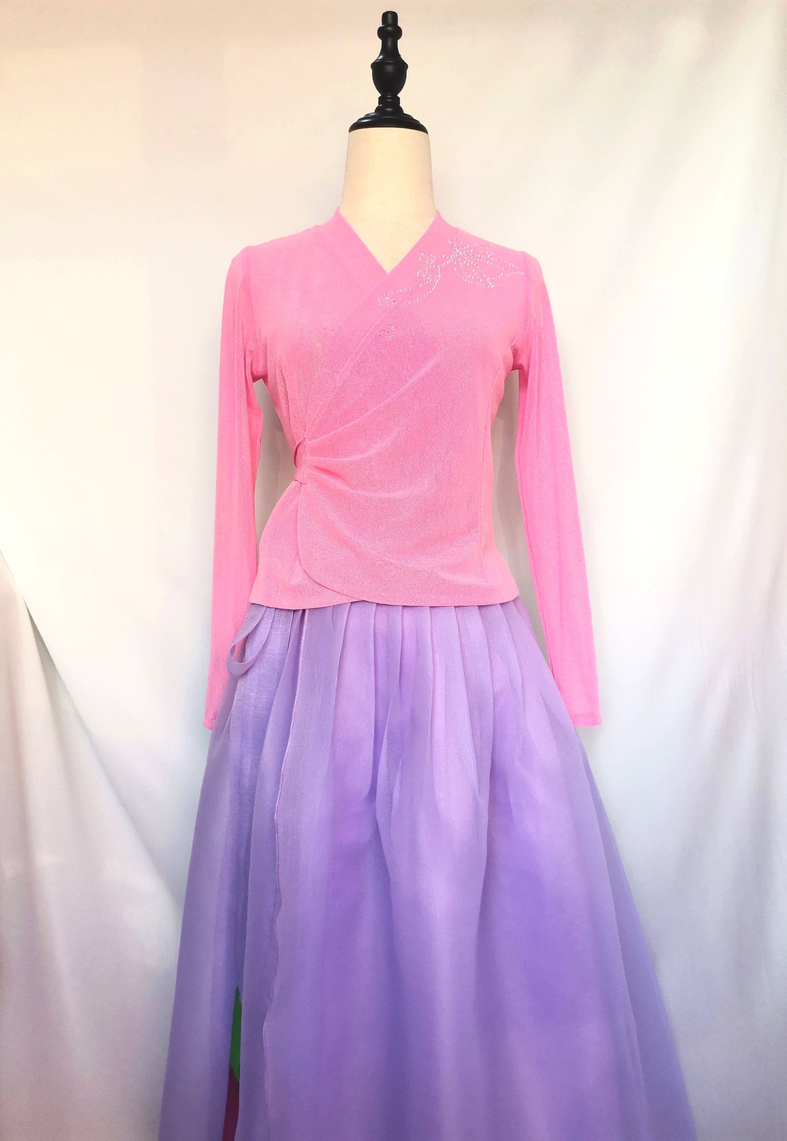 朝鲜族舞蹈练功服烫钻网纱上衣韩式竹节网练习服后系带改良舞蹈服