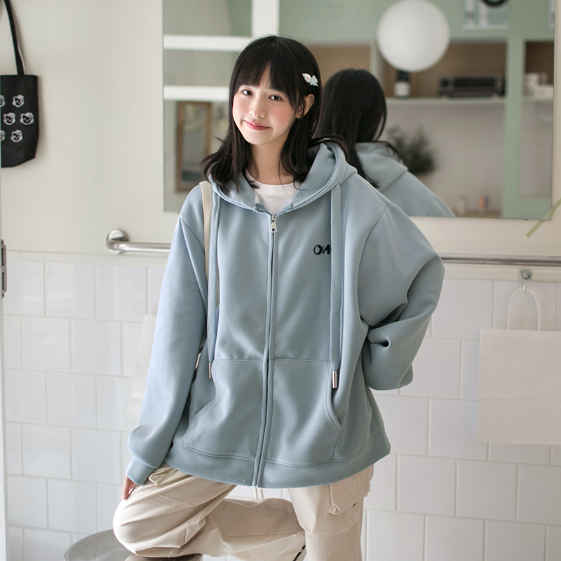 小雨良品 日系美式慵懒蓝色重磅连帽卫衣外套女春秋新款宽松上衣