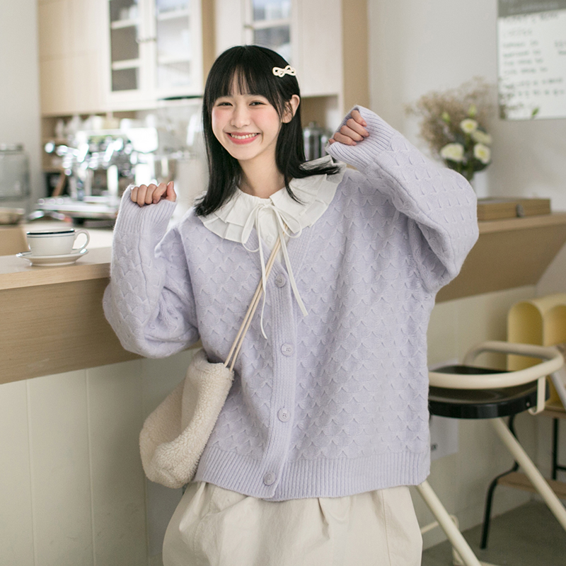 小雨良品奶fufu慵懒宽松紫色毛衣开衫外套女2024新款小个子针织衫