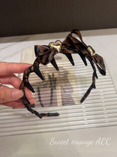 韩国pu皮质豹纹蝴蝶结爱心发箍 倒插梳高颅顶发箍甜酷气质韩系