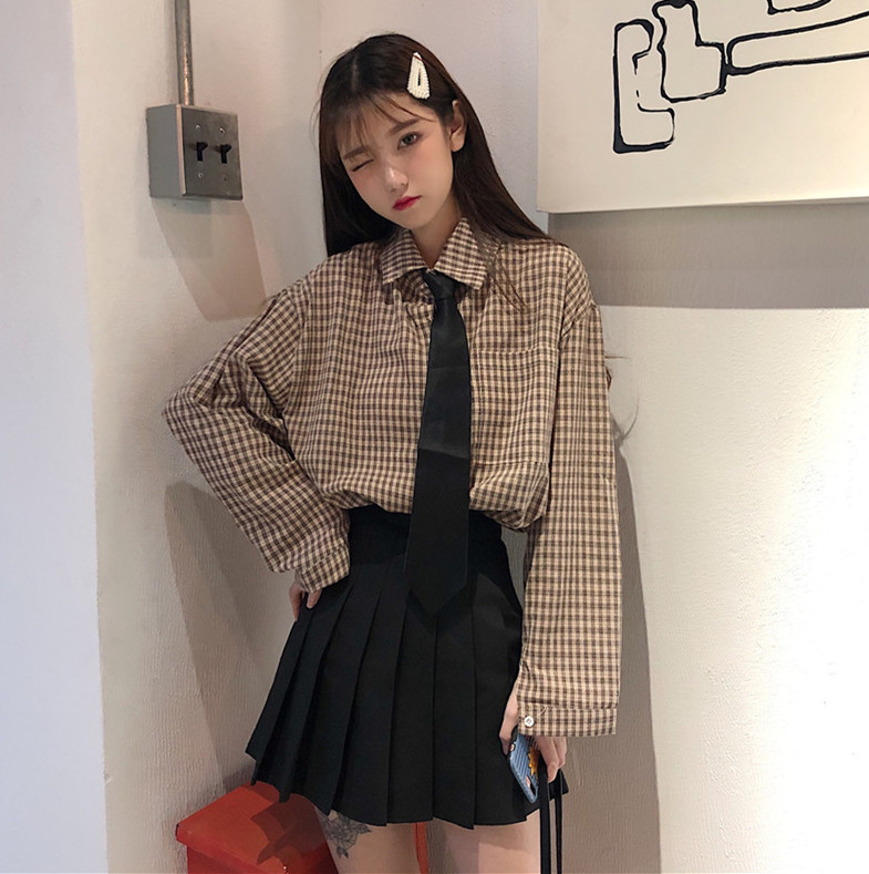 Real shot real price spring Korean loose college style long casual long sleeve Tie Shirt Blouse