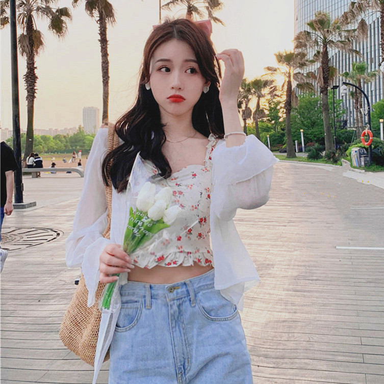 Real price 2021 summer new loose polo collar thin sunscreen shirt femininity trumpet sleeve Long Sleeve Shirt