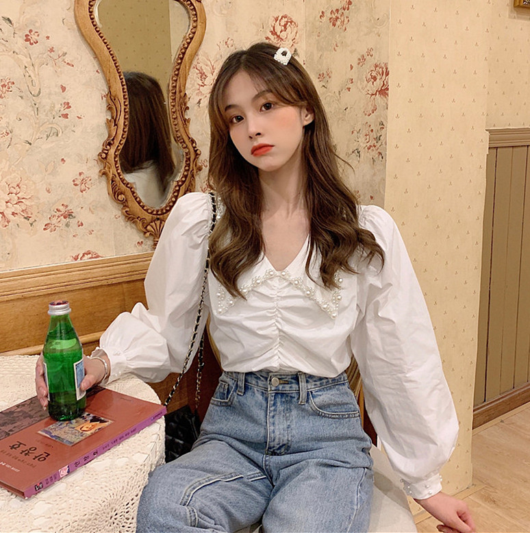 New style French pearl baby collar long sleeve shirt for women