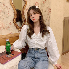 New style French pearl baby collar long sleeve shirt for women