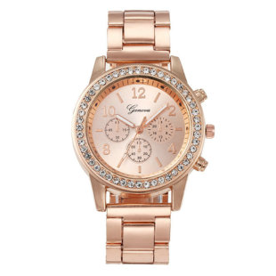 金属Geneva日内瓦钢带钻石表时装 饰三眼外贸石英手表清仓 表装