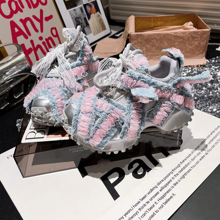 2025新款ins超火牛仔蕾丝厚底松糕小个子7cm老爹鞋运动鞋休闲女鞋