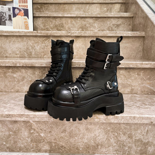 欧货真皮金属扣厚底松糕马丁靴机车靴短靴切尔西靴小个子8cm女鞋