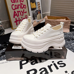 女鞋 网红爆款 欧货贝壳头系带厚底松糕休闲小个子7cm小白鞋 真皮版