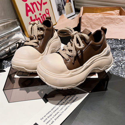 2025新款真皮米奇大头做旧擦色厚底松糕小个子7cm休闲鞋面包女鞋