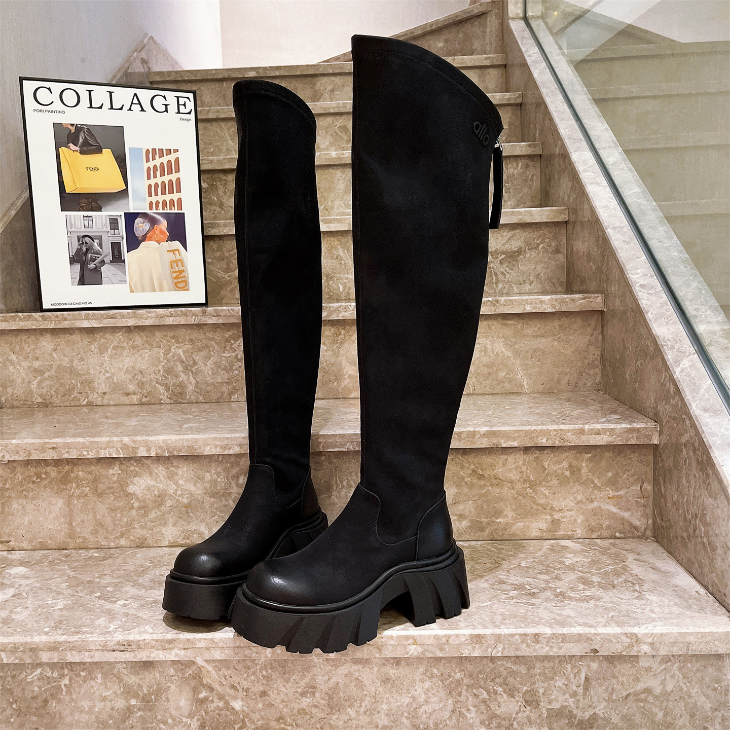 过膝长筒靴瘦瘦靴小个子V口女鞋