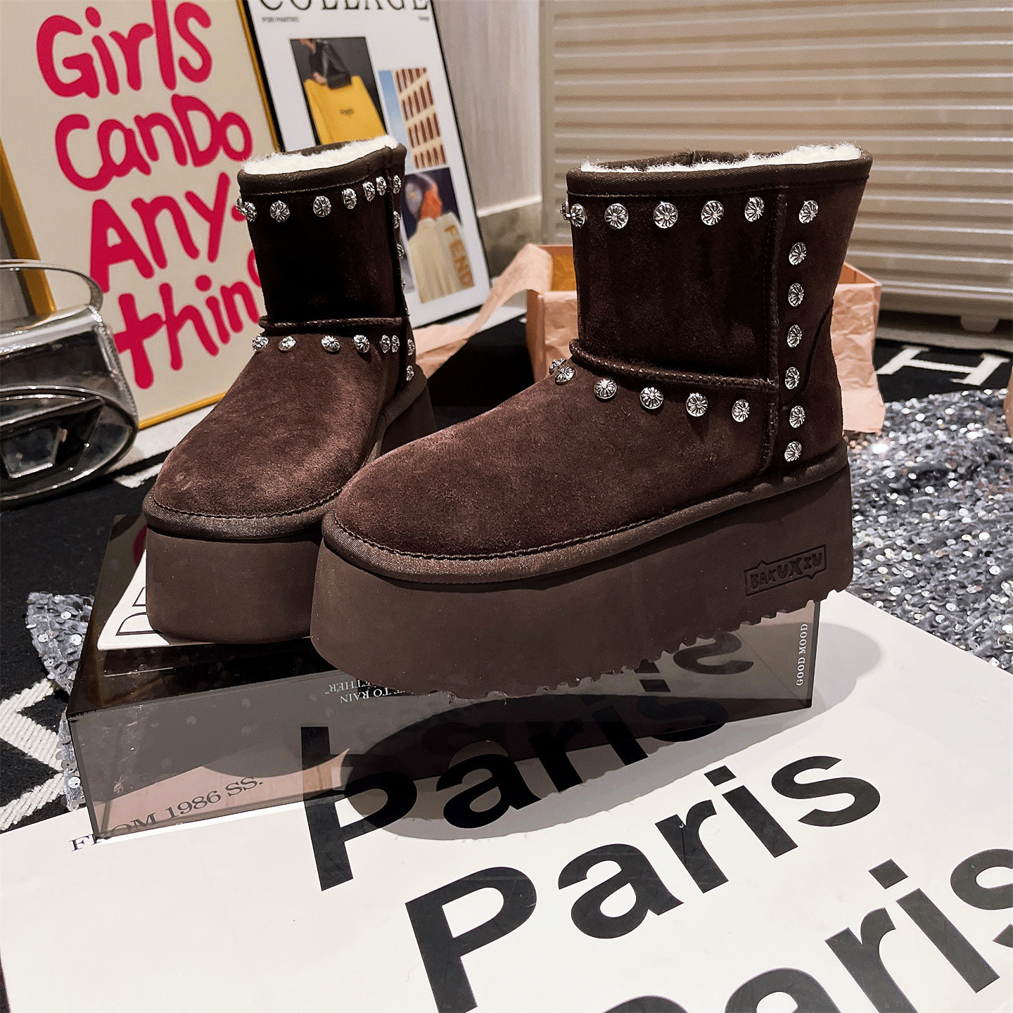 水钻铆钉小土豆雪地棉鞋增高女鞋