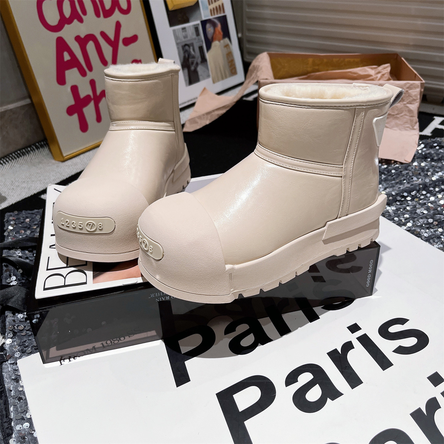 欧洲站松糕雪地棉靴白色皮面女鞋