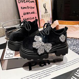 女鞋 厚底松糕复古单鞋 潮 乐福鞋 甜酷风金丝绒蝴蝶水钻系带JK小皮鞋