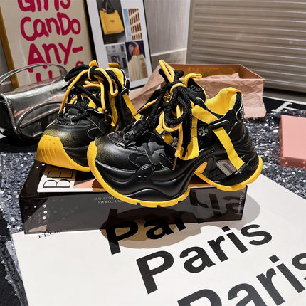 真皮版~欧货擦色金属铆钉绑带拼色撞色老爹鞋运动鞋小个子7cm女鞋