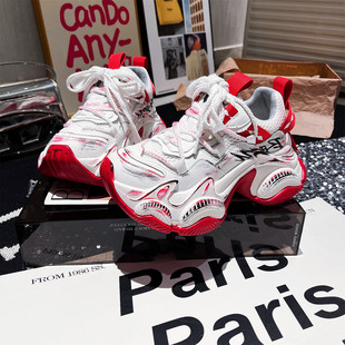 女鞋 休闲老爹鞋 涂鸦喷绘擦色系带厚底松糕小个子6cm运动鞋 真皮版