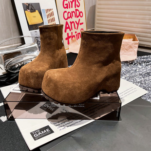 欧货真皮厚底松糕内增高小个子8cm马丁靴卡皮巴拉超高跟短靴女鞋