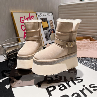 欧洲站冬季 真皮羊毛翻领两穿骑士雪地棉靴小个子8cm加厚短靴女鞋
