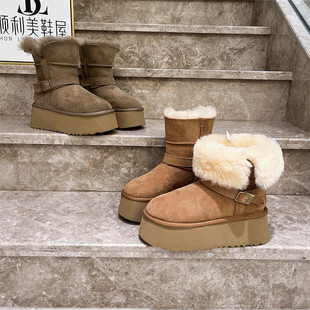 真皮羊皮毛一体毛毛鞋 翻边厚底松糕6cm雪地棉靴两穿骑士短靴女鞋