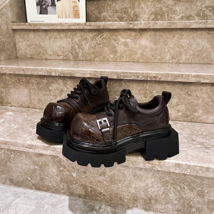 真皮版~英伦编织厚底德比鞋女金属扣系带7cm大头鞋学院风JK小皮鞋