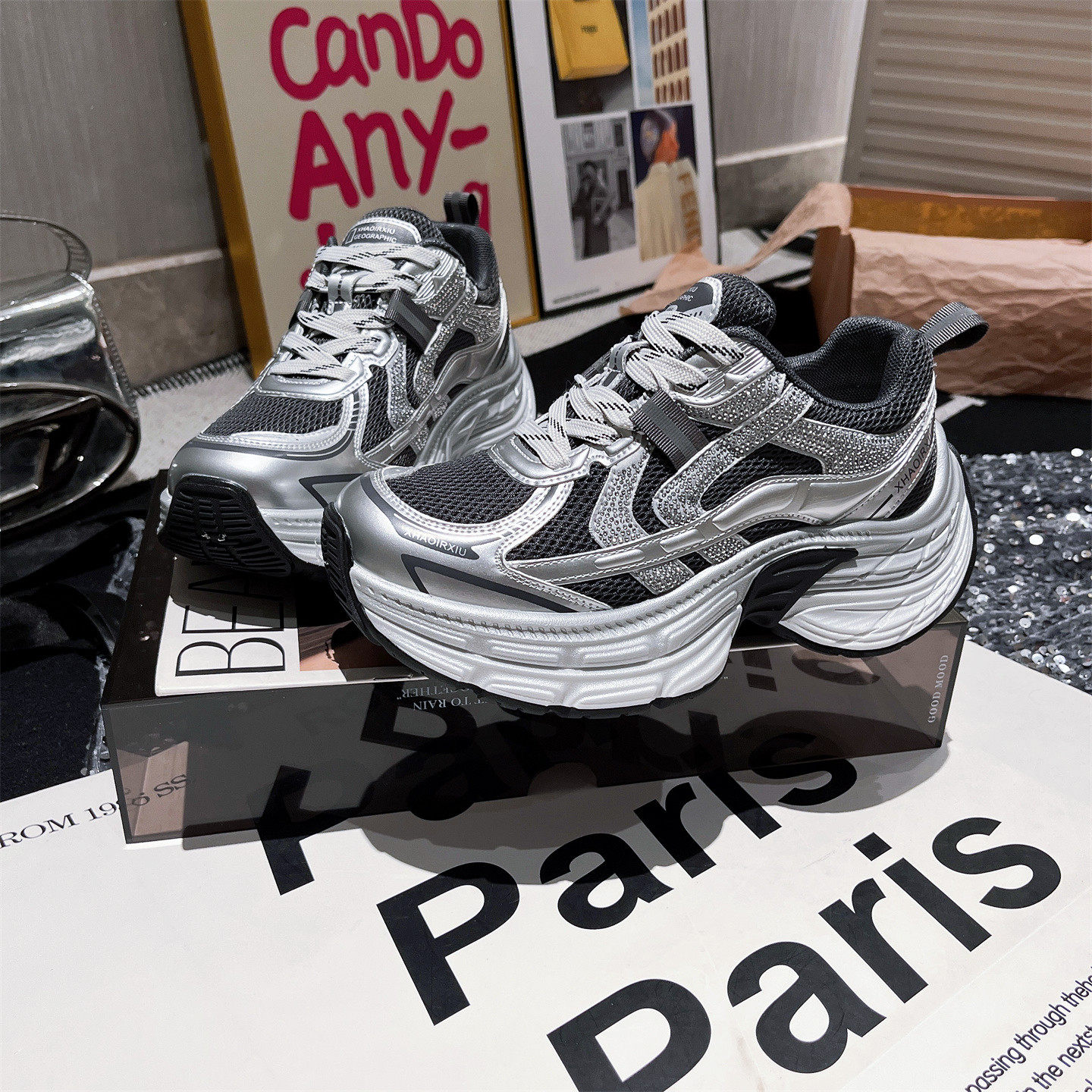 欧货真皮水钻系带厚底松糕老爹鞋银色显脚小运动鞋小个子6cm女鞋,女鞋,时尚休闲鞋,淘宝优惠券,粉丝福利购,淘宝优惠卷