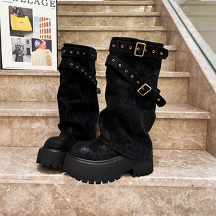 马丁靴辣妹风厚底松糕金属扣牛仔裤 管靴机车靴长靴堆堆靴8cm女鞋