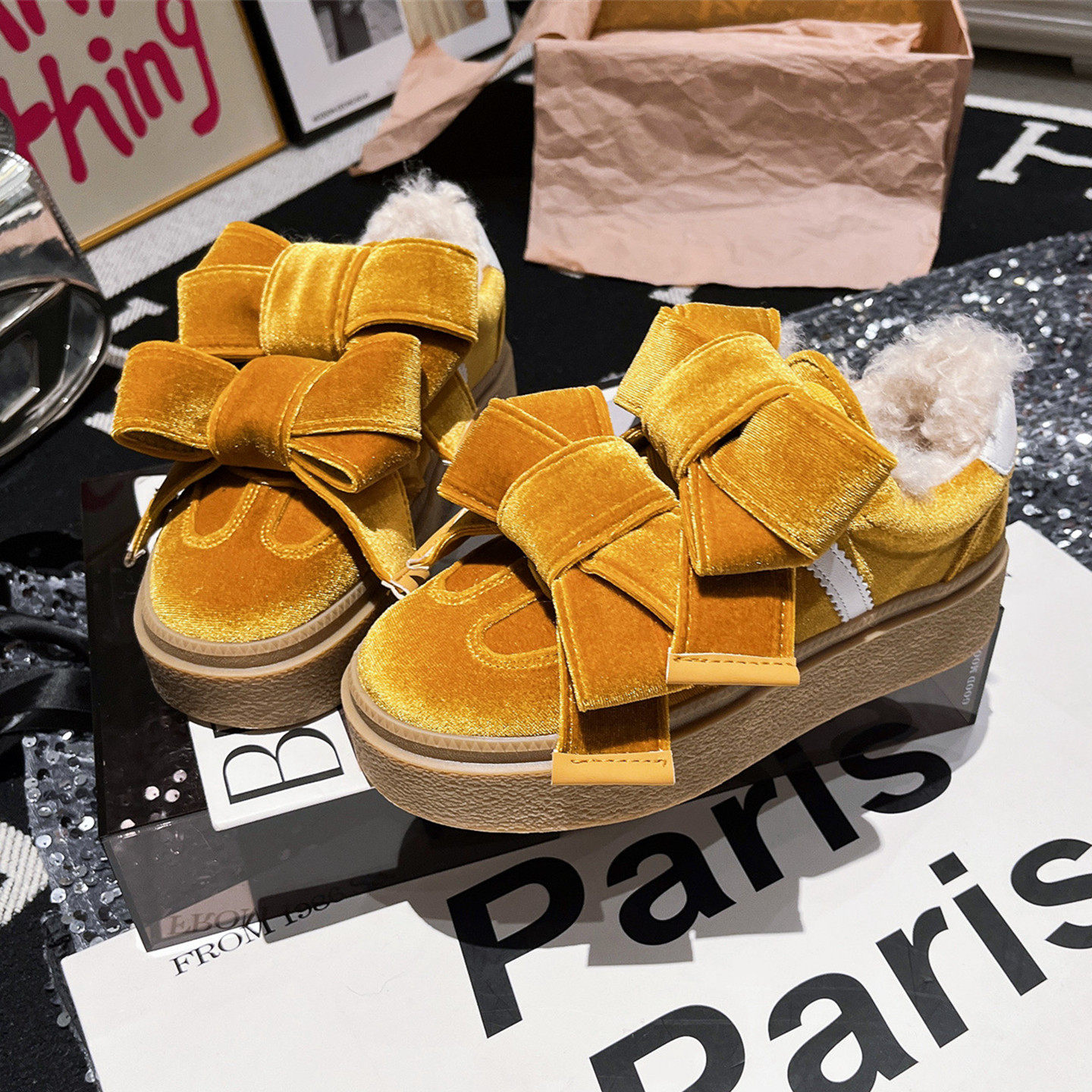 羊毛版~欧货甜美金丝绒蝴蝶结毛毛鞋休闲加绒雪地棉板鞋厚底女鞋,女鞋,松糕（摇摇）鞋,淘宝优惠券,粉丝福利购,淘宝优惠卷