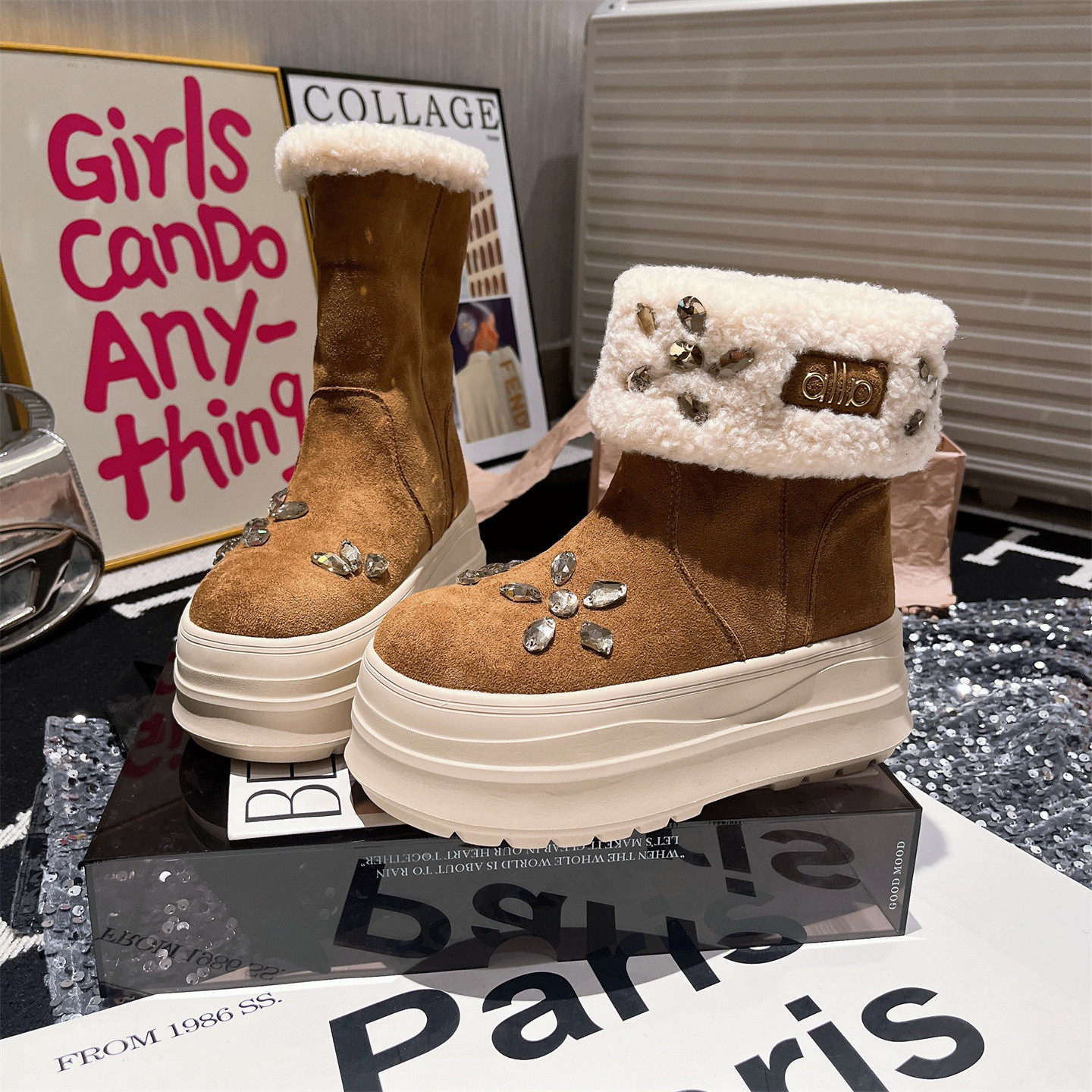 欧货新款重工奢华水钻翻领两穿厚底松糕雪地棉靴小个子羊羔绒女鞋,女鞋,时尚雪地靴,淘宝优惠券,粉丝福利购,淘宝优惠卷