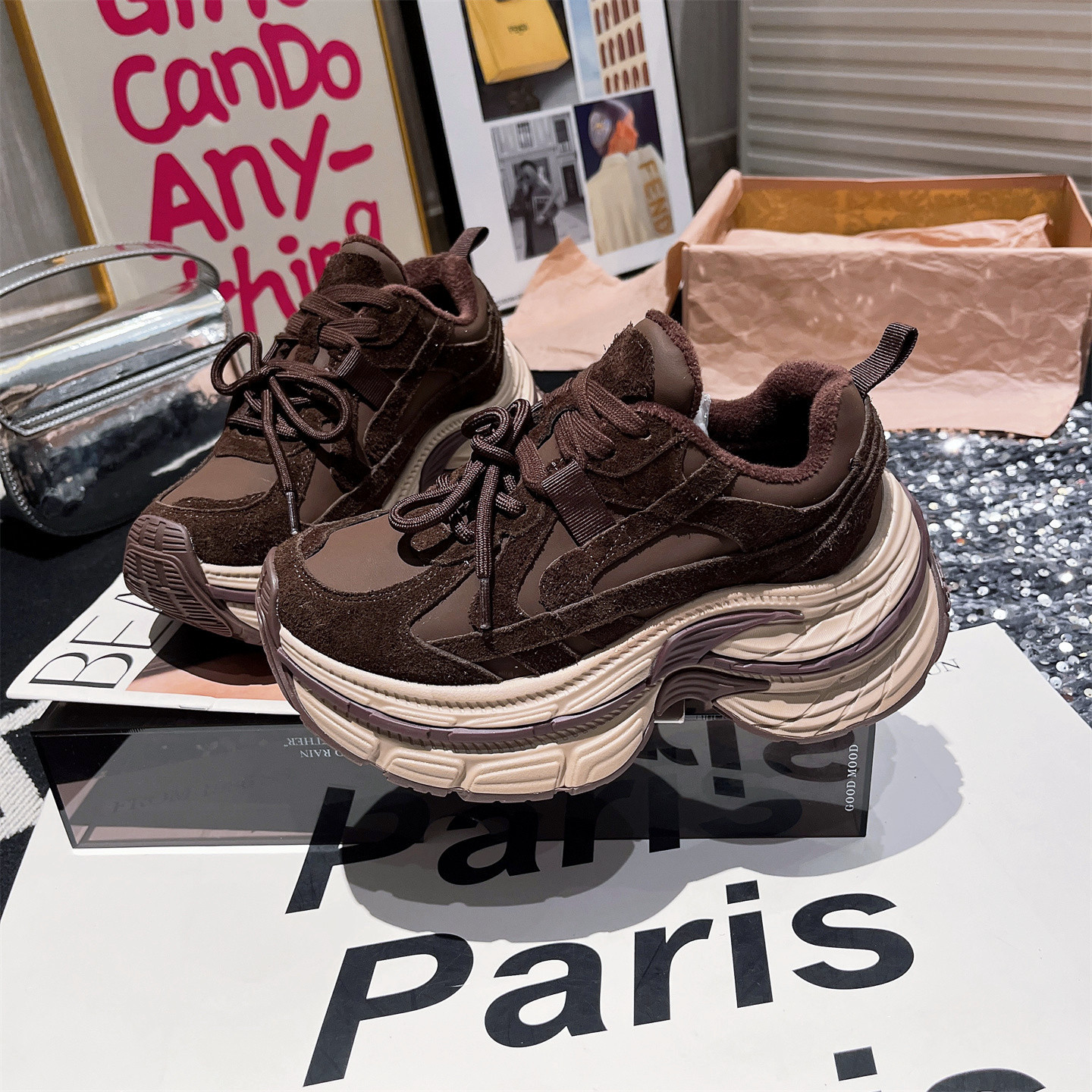 欧货真皮系带松糕加绒老爹鞋