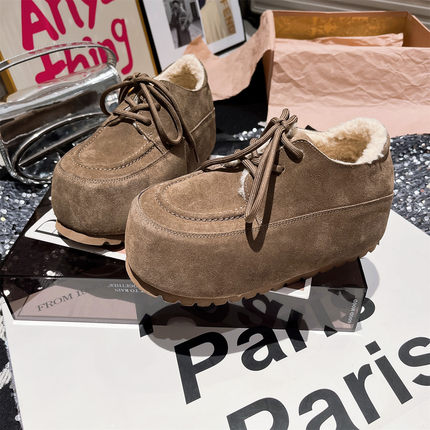 欧洲站磨砂皮真皮大头丑萌面包鞋休闲鞋板鞋小个子雪地棉7cm女鞋