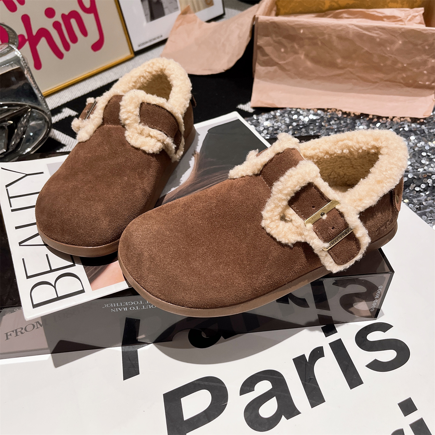 羊羔毛毛鞋金属扣大头勃肯鞋