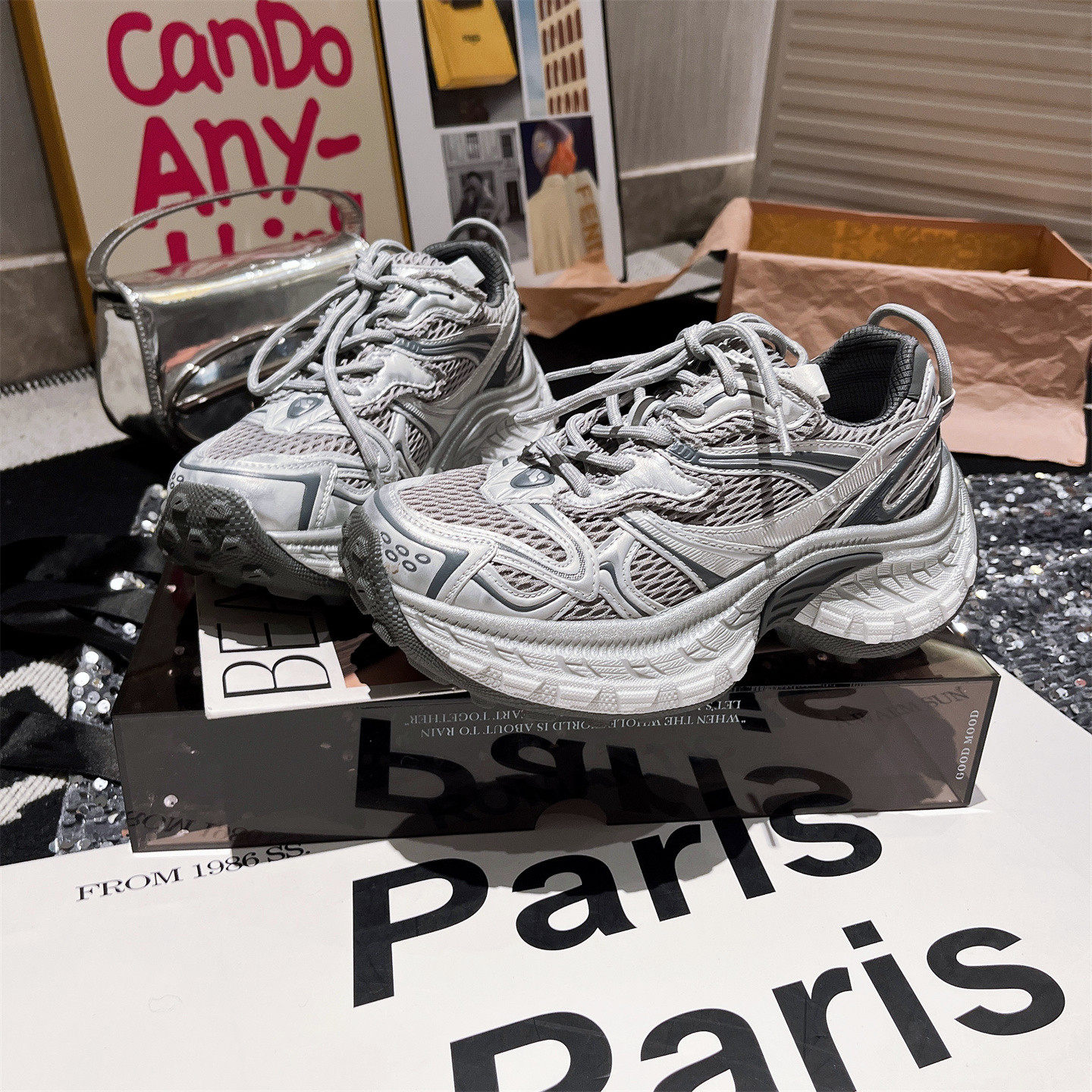 真皮版~ins超火厚底松糕机车银灰色老爹鞋运动鞋小个子休闲鞋女鞋,女鞋,老爹鞋,淘宝优惠券,粉丝福利购,淘宝优惠卷