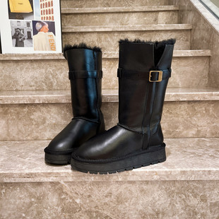 羊皮毛一体翻领金属扣毛毛鞋 潮 骑士雪地棉靴长靴加厚防滑皮面女鞋